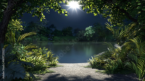 Lush jungle lake at night, bathed in moonlight.  Tranquil scene, highlighted by a sunlit opening in the trees, over a still body of water