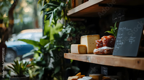 Wooden shelves display assorted cheeses and cured meats.  Fresh produce and greenery adorn the shop.  Blurred street view from window