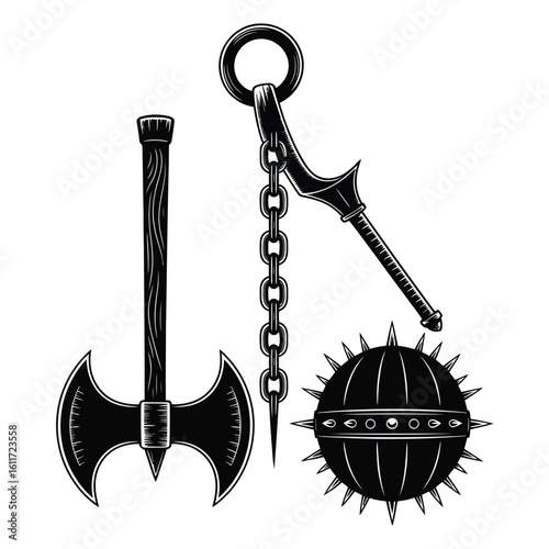 Black and White Medieval Weapons Axe Flail and Mace Illustration