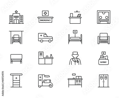 Hospital building ambulance doctor bed chairs x ray machine and emergency sign icons medical