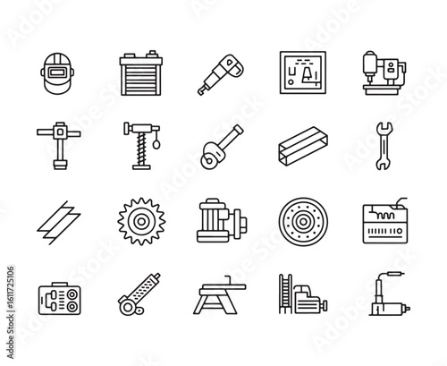 Welding equipment and metal fabrication tools icons set welding mask battery