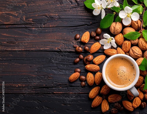 Bright coffee cup surrounded by fresh almonds, cocoa beans, and jasmine flowers on rustic dark wooden table, breakfast or tea setting, cozy and inviting atmosphere
