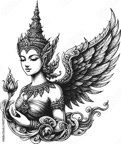 Feathered Divinity Thai deity Kinnara linework vintage ink sketch hand drawn bread pen drawing illustration background vector