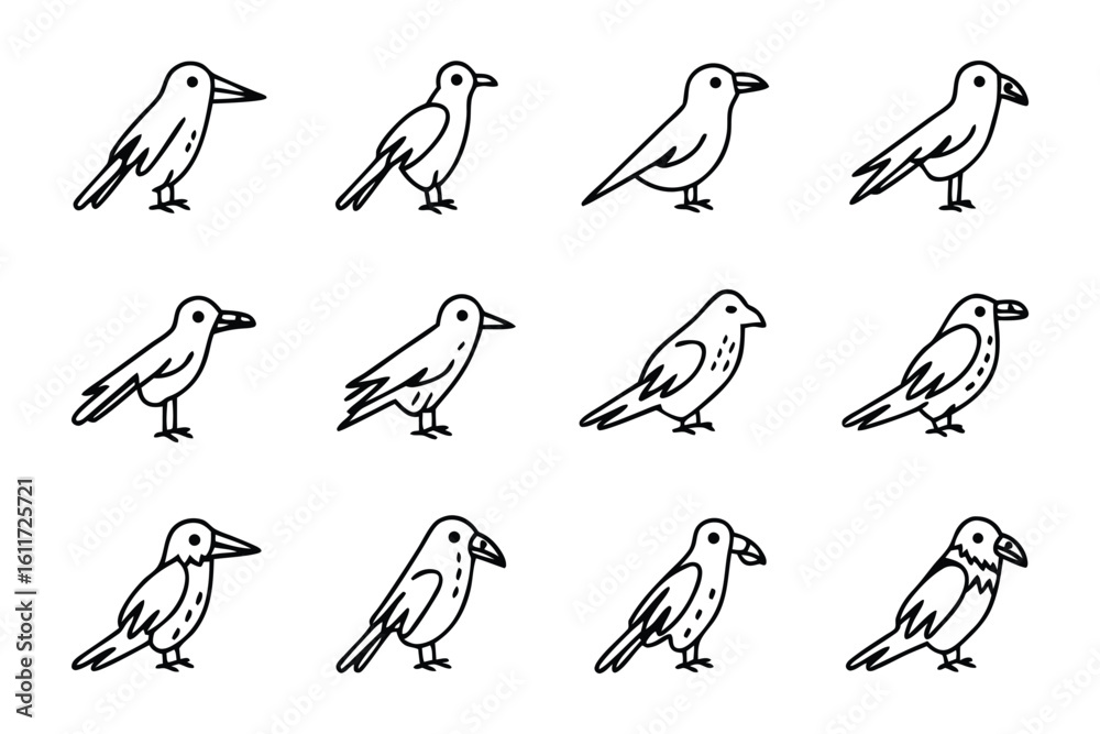 Naklejka premium Black and White Bird Collection: A collection of simple line art illustrations showcasing various poses of a common bird, perfect for design assets and concept building.