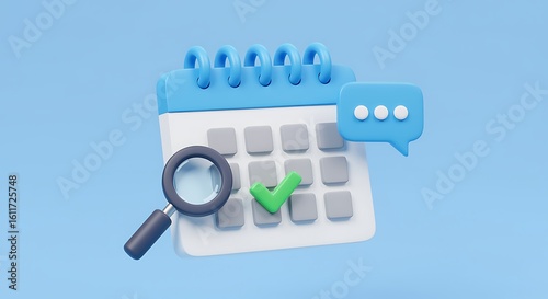 Calendar with Magnifying Glass Tick and Speech Bubble Illustrating Planning Scheduling and Time Management Concepts