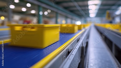 Efficient Automation in Warehouse with Yellow Bins on Conveyor Belt