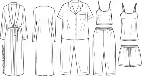 Black and white CAD flat vector illustration of women’s sleepwear set with robe, nightgown, pajama set, cami tops, and shorts, fashion technical sketch