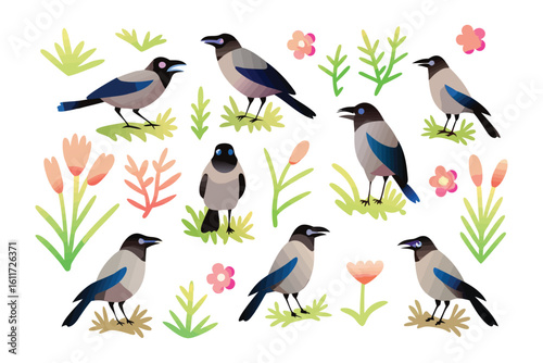 Crow Illustration: A collection of illustrated crows gracefully perched amongst colorful flowers and lush greenery, capturing the essence of nature's beauty.