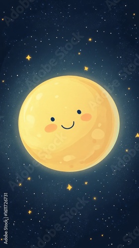 Bright full moon with smiling cartoon faces among the stars. Cheerful flat art for a whimsical night sky background.