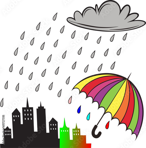 A metaphor for the loss of color in the world and depression. A gray rain falls on a vibrant cityscape, washing away the colors, symbolizing sadness, loss of joy, and emotional burnout.