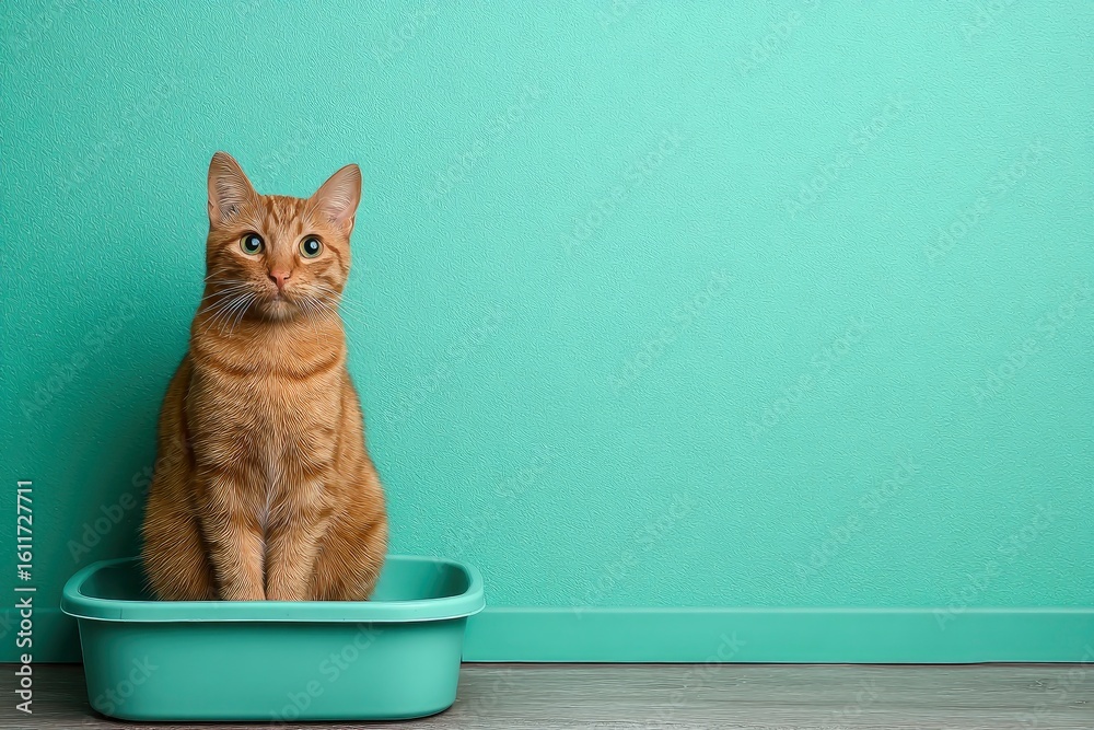 Naklejka premium Orange tabby cat sits in a turquoise litter box against a matching wall