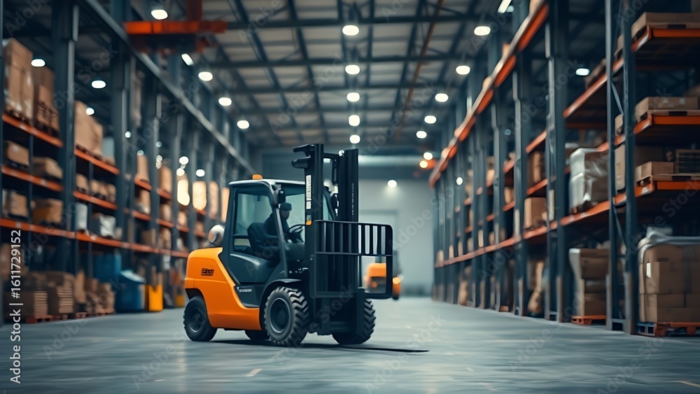 Naklejka premium Industrial warehouse scene with forklift loader, logistics theme and blurred background.