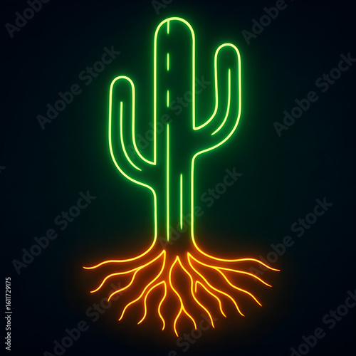 Neon Cactus with Glowing Roots on Black Background