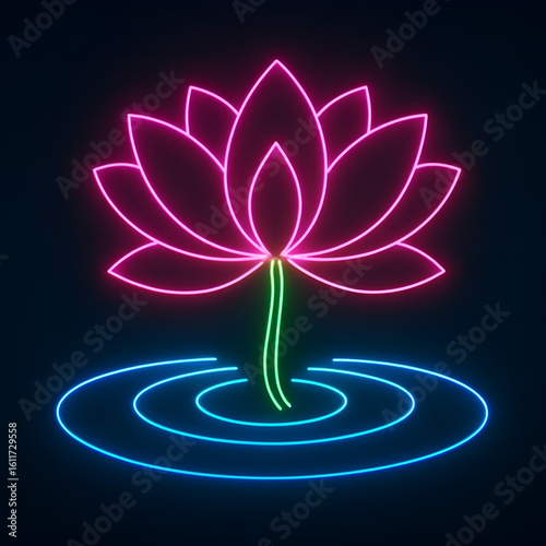 Neon Lotus Flower Floating on Water with Reflection