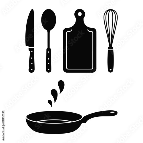 Restaurant utensils and kitchenware icon set featuring knife, spoon, cutting board, whisk, and pan in black and white silhouette