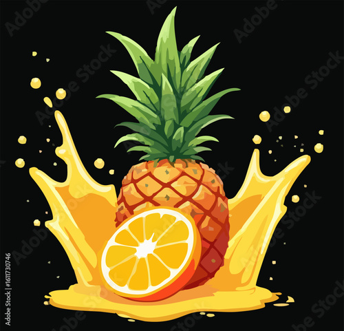 Vector design with sliced orange and pineapple, 
fruit juice splashes isolated 
on black background. Fashionable print for paper, 
ice cream, yogurt,
lemonade label, sweet water, food packaging. 