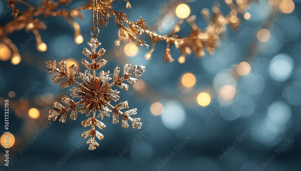 A golden snowflake ornament hanging on a blue background with blurred lights and garland decoration. This creates a space for a Christmas card or New Year's celebration concept. A golden snowflake ornament hanging on a blue background with blurred lights and garland decoration. This creates a space for a Christmas card or New Year's celebration concept.