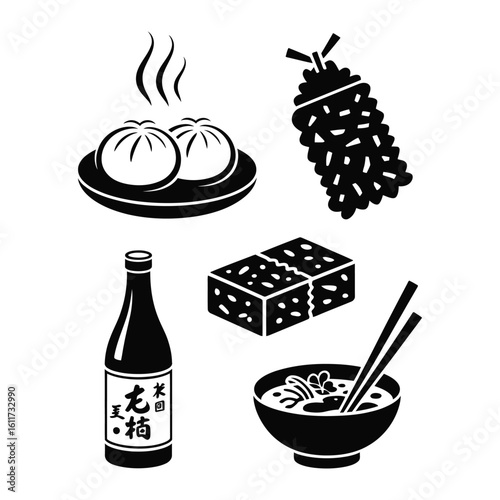 Vector illustration of Asian culinary icon set with bao bun, tempura, sake bottle, miso soup, and bento box in bold black silhouette style