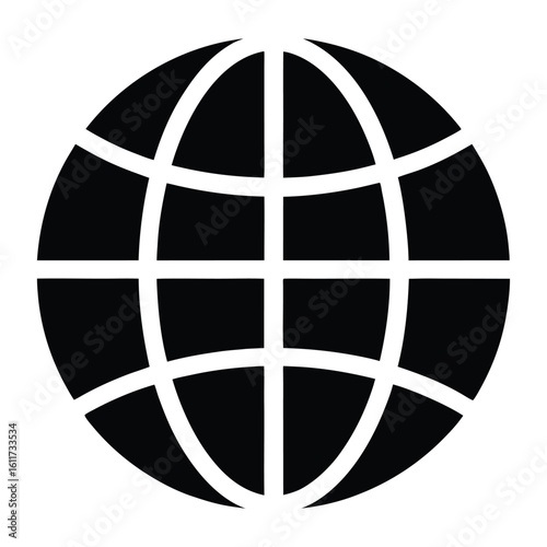 Black and white globe icon with grid lines on white background world earth