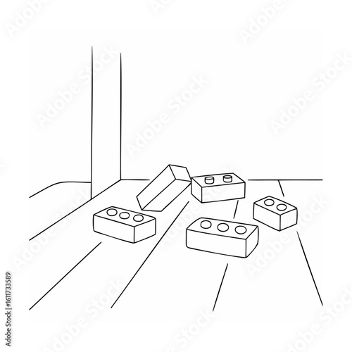 Scattered building blocks on floor line art