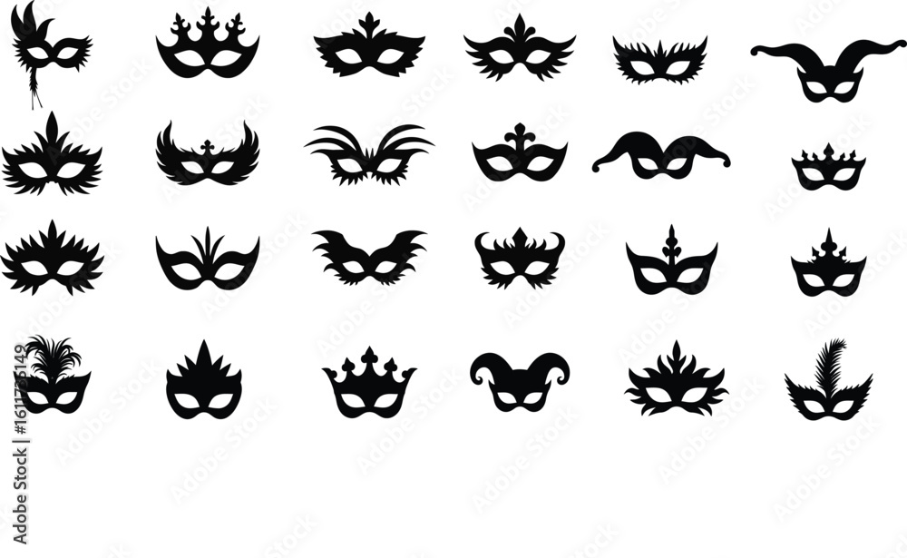 Masquerade Mask Silhouettes Set Carnival, Venetian, and Costume Party Vector Collection . Masquerade Mask Silhouettes Set Carnival, Venetian, and Costume Party Vector Collection .