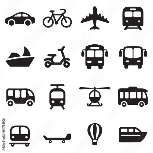 Black transportation vehicle icons set