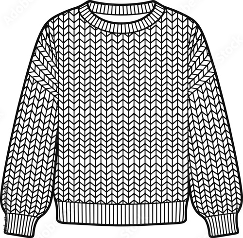 Cad drawing flat vector illustration, knitted sweater front view, unisex casual pullover with ribbed cuffs and hem, fashion technical sketch