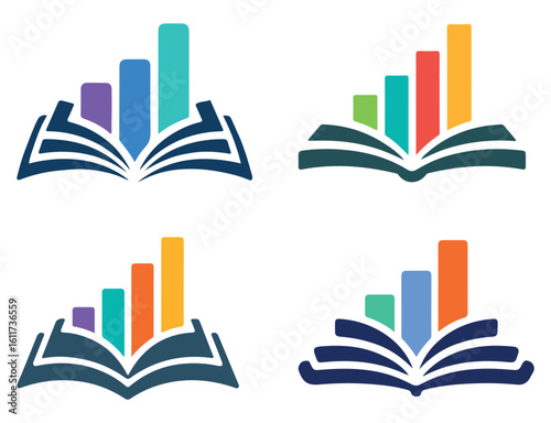 Colorful Book and Bar Chart Logo Icons – Education and Analytics Symbol Vector Set