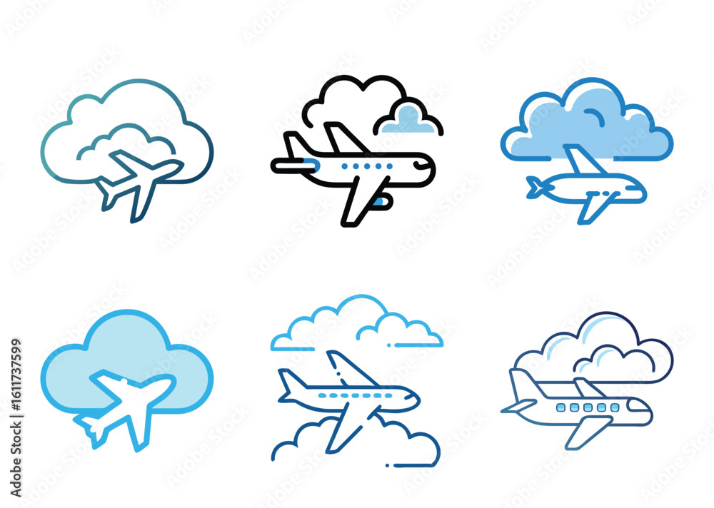 Fototapeta premium A Collection of Stylized Airplane Icons Bundle Featuring Cloud Motifs and Simple Designs