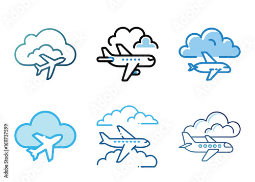 A Collection of Stylized Airplane Icons Bundle Featuring Cloud Motifs and Simple Designs