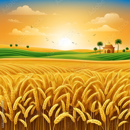 Happy Baisakhi design template, wheat field for Punjabi harvest festival Vaisakhi