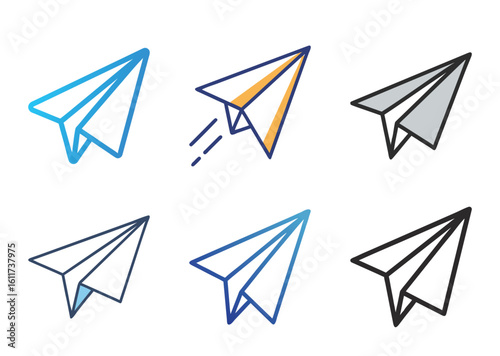 Diverse Paper Airplane Icons Illustration Showcasing Bundle Style and Color Variations on white backdrop