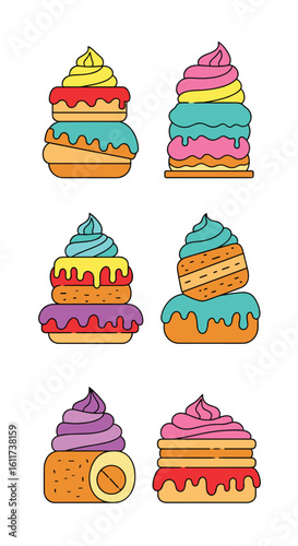 Colorful pixel art cakes with creamy frosting and sweet fillings presented in a playful style