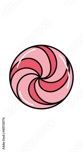 A swirling pink and white lollipop candy with a reflective sheen and dark outline on a white background