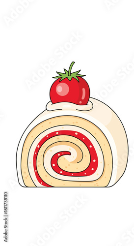 Delicious rolled cake with sweet strawberry filling and fresh cream frosting topped with a red berry