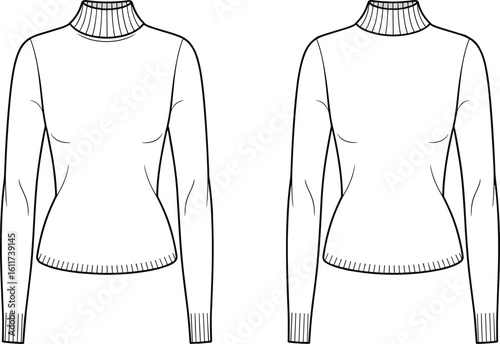 Cad drawing flat vector illustration, women's turtleneck sweater front view, technical fashion sketch, ribbed knit top design