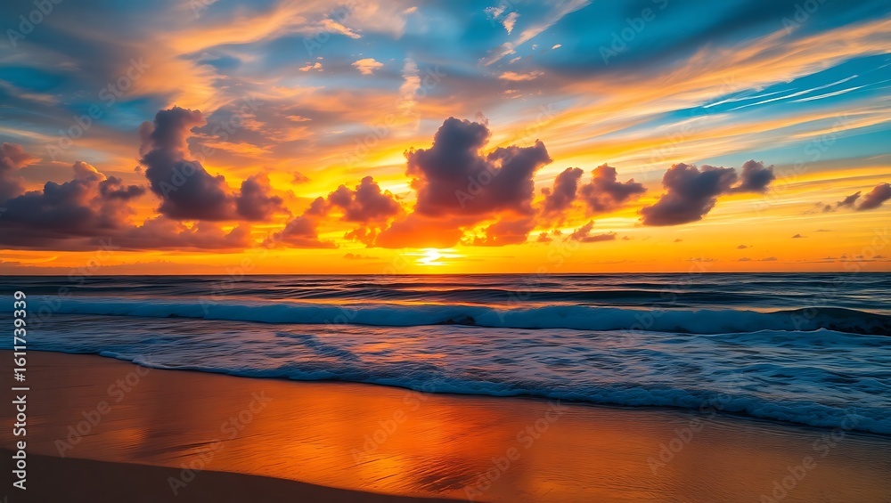 Fototapeta premium Serene Sunset Beach with Vibrant Sky, Gentle Waves, Soft Sand, Tranquil Ocean – Hyper-Realistic 8K