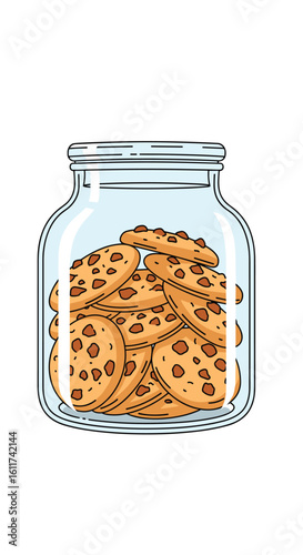 A delightful glass jar filled to the brim with freshly baked chocolate chip cookies