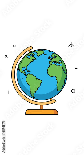 A detailed illustration of a terrestrial globe on a stand showing continents and oceans 10 words