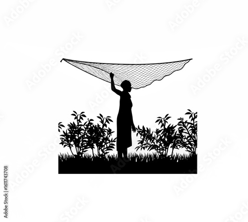Silhouette of a woman shading plants with a light net