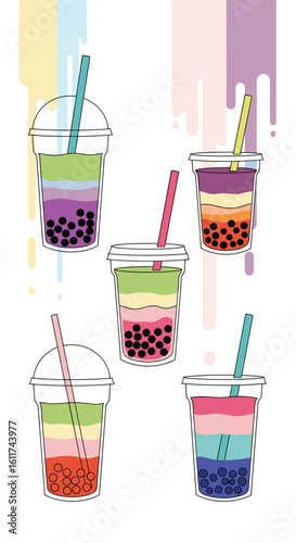 Vibrant rainbow layers boba drinks with tapioca pearls and colorful straws