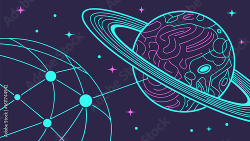 Vector  illustration of a ringed planet and a connected sphere in a cosmic scene with stars and dark background