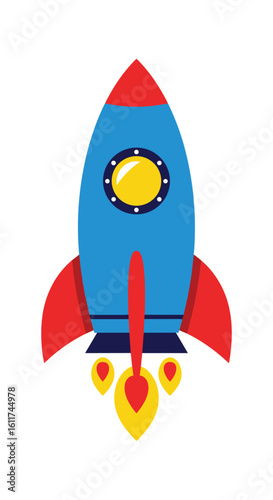 Colorful rocket ship launching into outer space with fiery exhaust