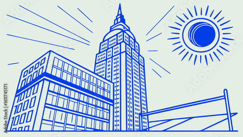 Vector  illustration of a city skyline with a tall skyscraper and a sun shining brightly in the sky above it all