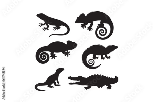 Collection of black silhouette reptiles including lizards and chameleons