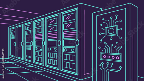 Vector  illustration of server racks in a data center with neon outlines and a futuristic circuit board design
