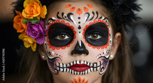Artistic portrait of a girl with traditional skull face paint and a vibrant floral headdress for a cultural celebration.