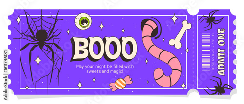 Ticket to Halloween. Festive and spooky ticket for the Halloween celebration with cobwebs, candies, a bone, a worm, spiders, and an eye. Modern ticket design for the holiday. One ticket. Boo