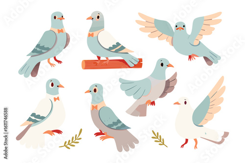 Illustrative Flock: A collection of vibrant illustrations depicts a flock of pigeons in various poses, perfect for conveying concepts of freedom, peace, and natural beauty. 