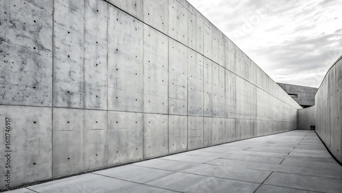 A stark, minimalist passageway defined by a long, high concrete wall in a monochrome, modern architectural design.